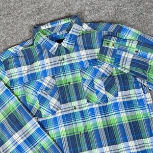 Prana XL Plaid Button Up Shirt Roll Tab Sleeve Vented Chest Pockets Outdoor